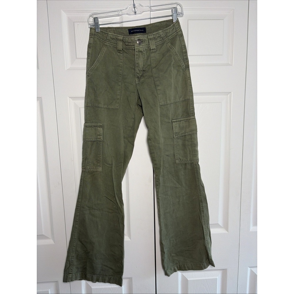 Aeropostale Low Rise Flare Utility Cargo Pants Womens Size 0 Olive Green Cotton